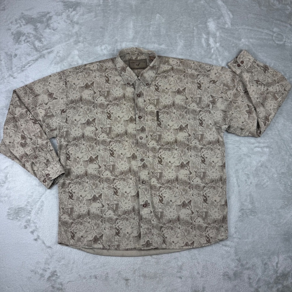 North River Men's Large Hunting Shirt Wolf Coyote Print Button Down Long Sleeve